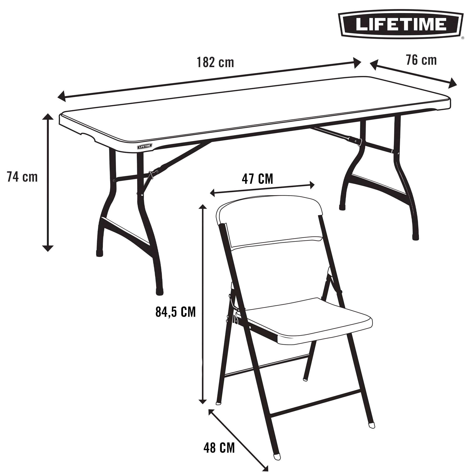 Pack mesa plegable 182x76 cm + 6 sillas plegables color blanco - Lifetime