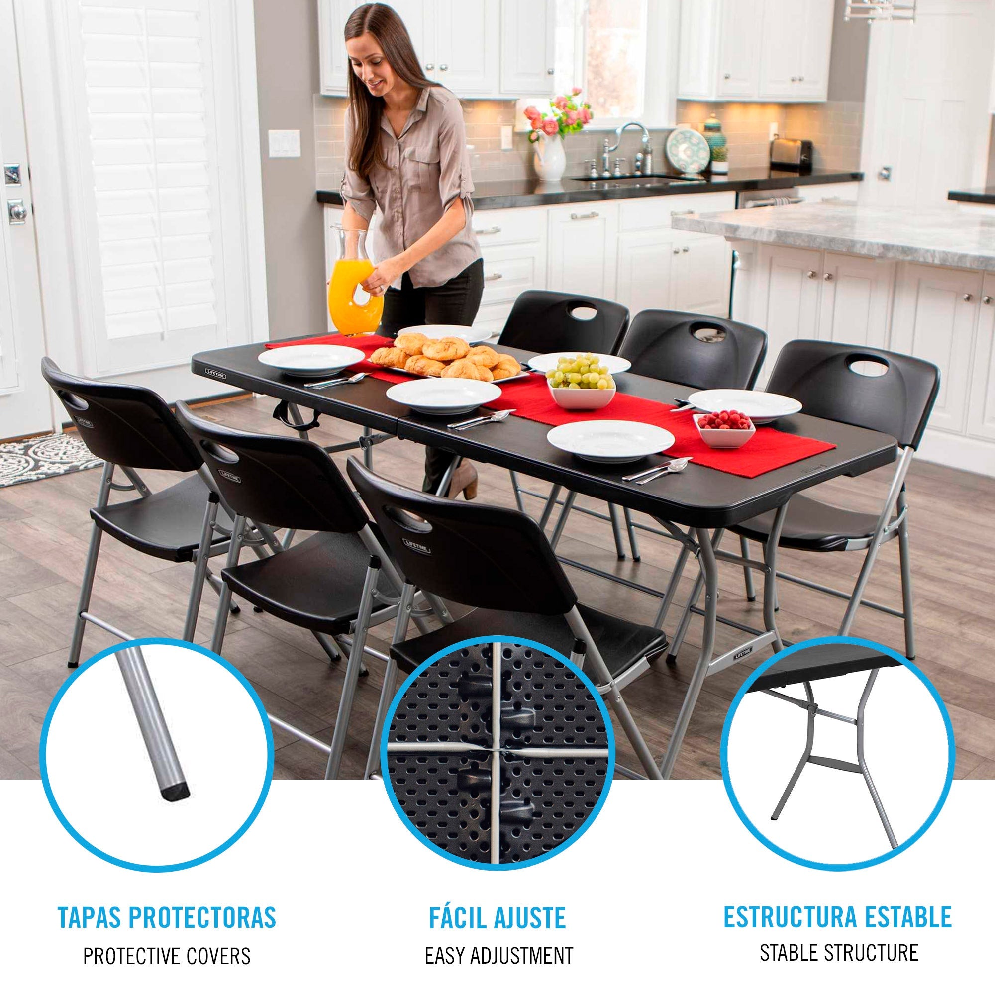Pack mesa plegable 183x76 cm + 6 sillas plegables color negro - Lifetime