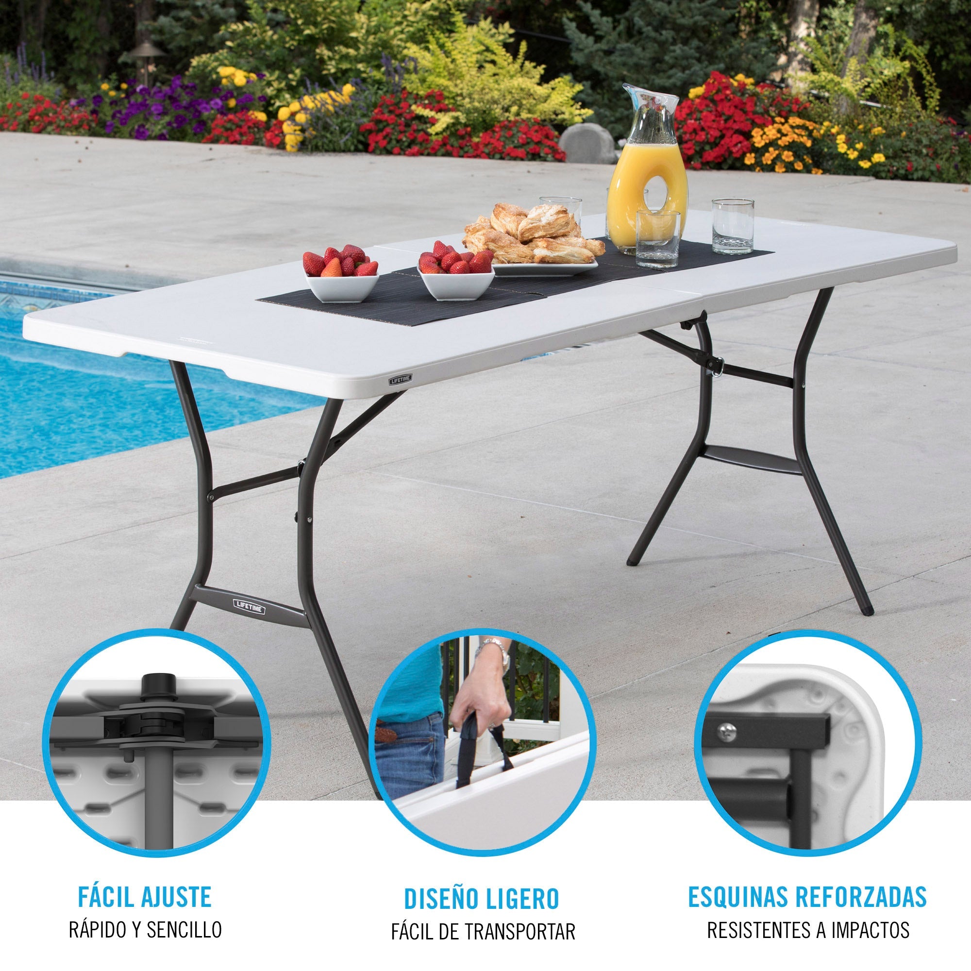 Pack mesa plegable 185x76 cm + 6 sillas plegables color blanco - Lifetime