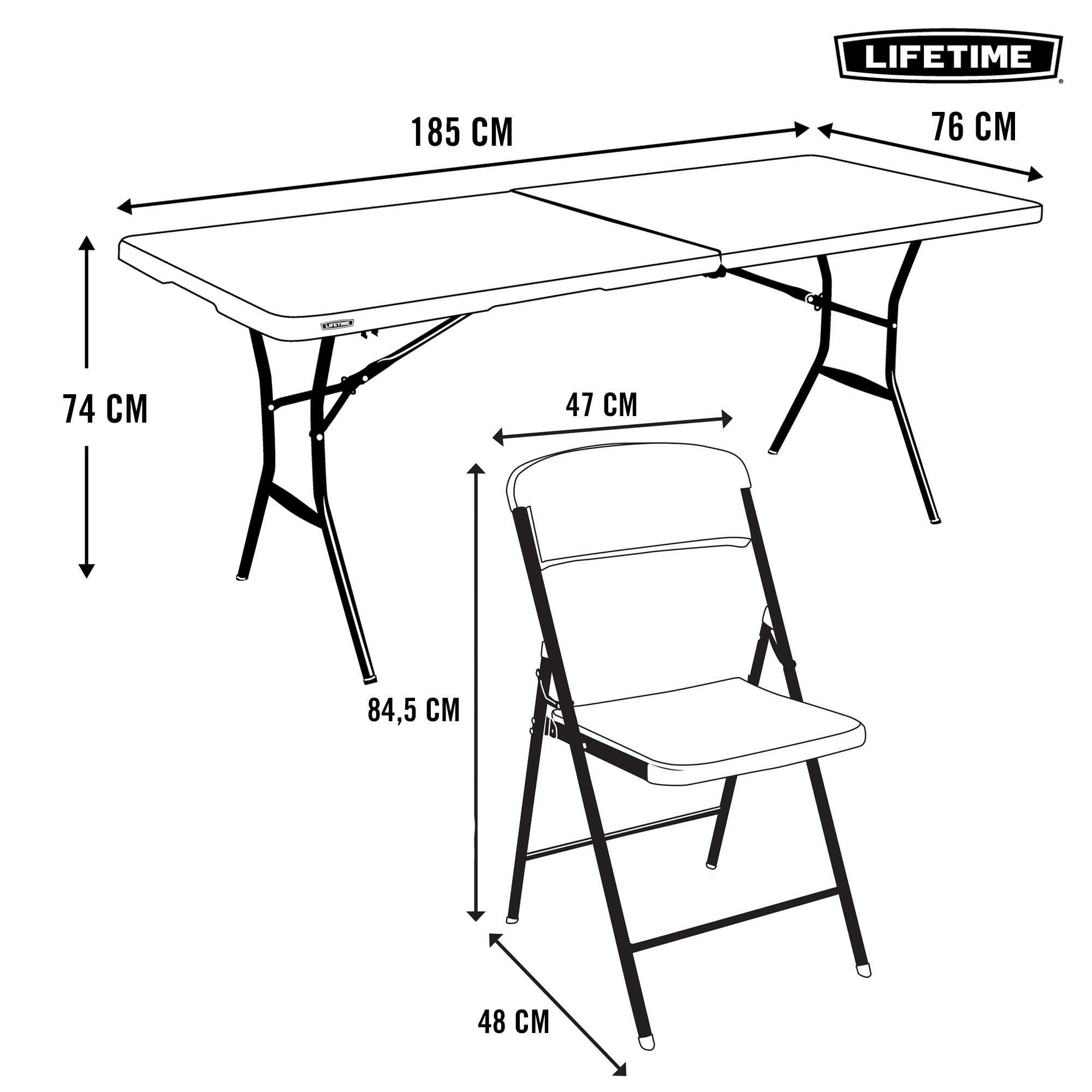 Pack mesa plegable 185x76 cm + 6 sillas plegables color blanco - Lifetime