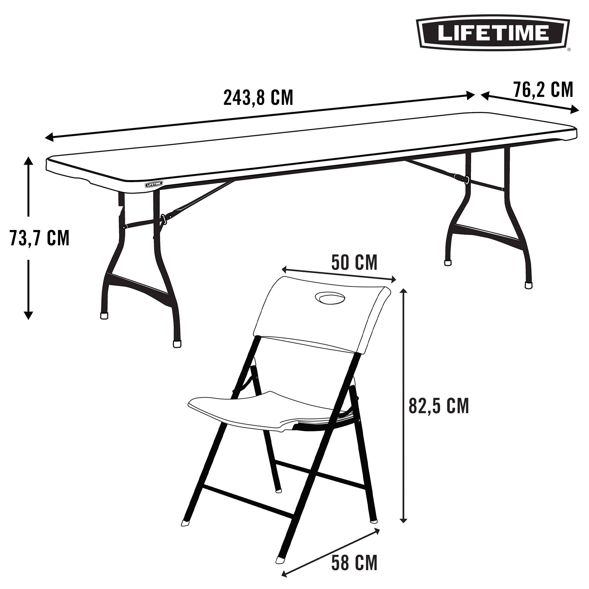 Pack mesa plegable 243,8x76,2 cm + 8 sillas plegables color blanco - Lifetime